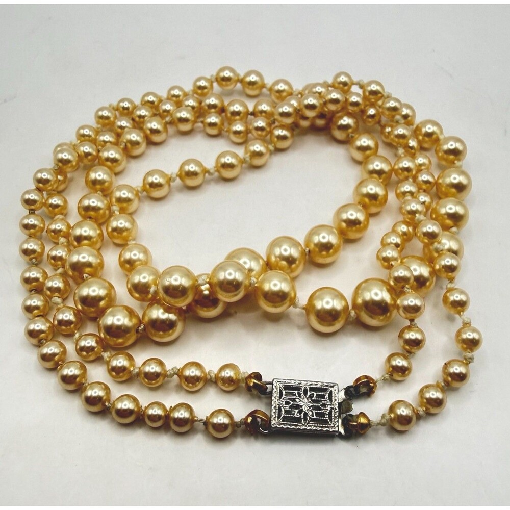 Vtg 10k White Gold Graduated Cultured Pearl Double Strand Necklace 16" Signed M